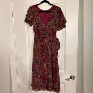 Lauren Ralph Lauren Burgundy Paisley Print Surplice Georgette Midi Dress Size 4